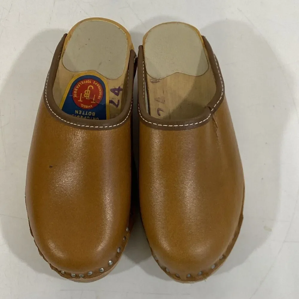 Vintage Girls Swedish Bastad-Toffeln Wood & Tan Leather Clogs Size 24 Us 8‎